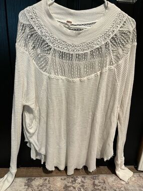 Free People White Lace Yoke Waffle-Knit Long Sleeve Top